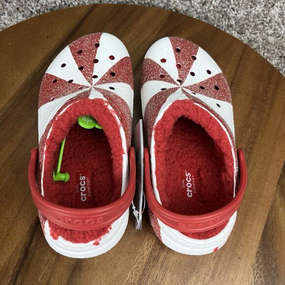 Crocs Kids Christmas/Holiday Size 13 Peppermint Glitter Classic Lined Red White - Picture 7 of 11